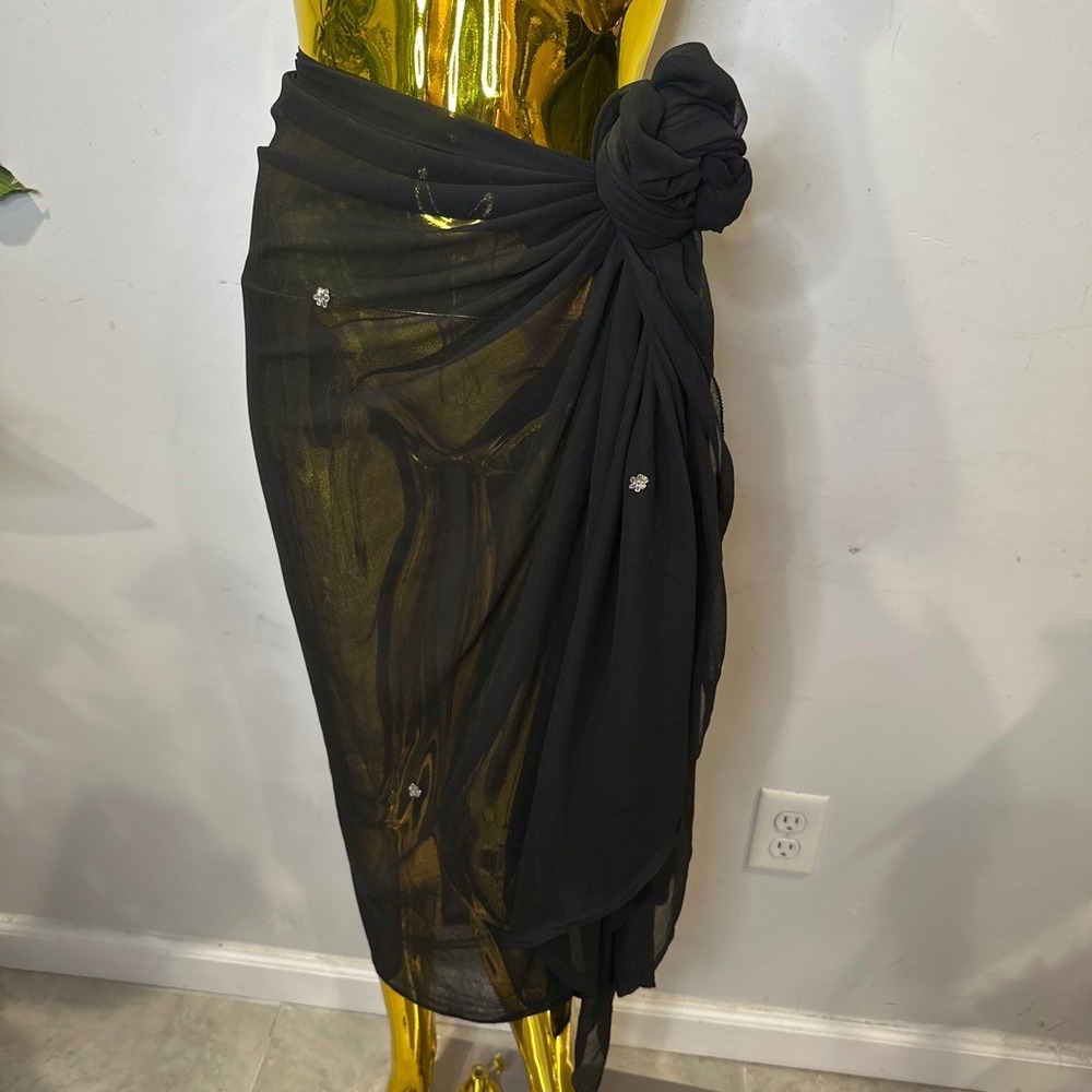 Resort Black Sheer Sarong Wrap Skirt Scarf Rhinestone Floral Accents Oversized